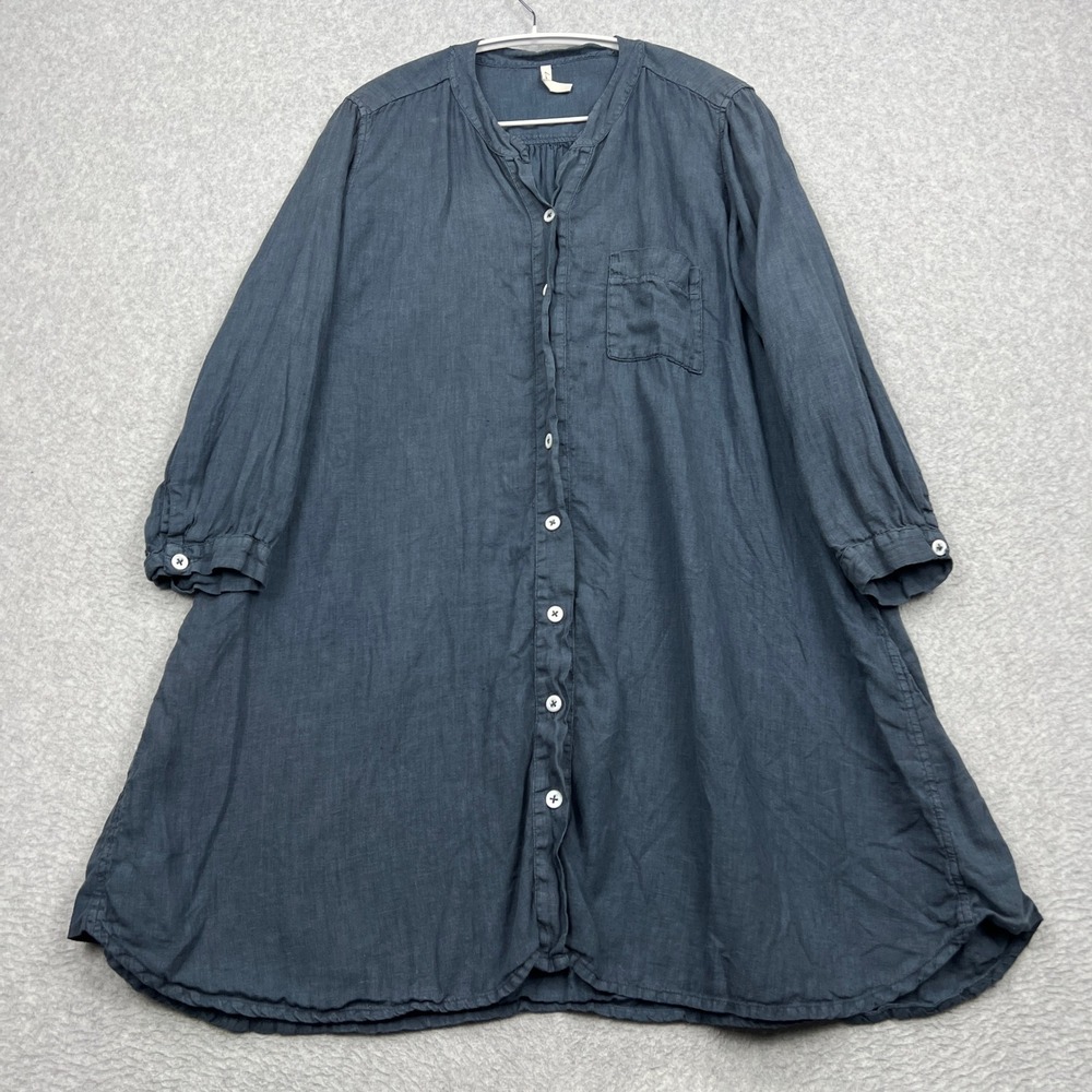 Home Frocks Tunic Shirt Dress Womens Large Blue Linen Hand Dyed Button Front USA